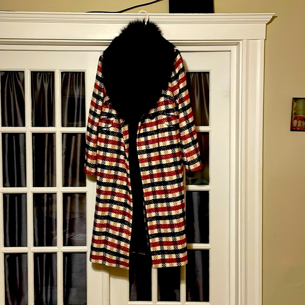 Boden wool blend plaid checked coat with removable faux fur collar - nwot